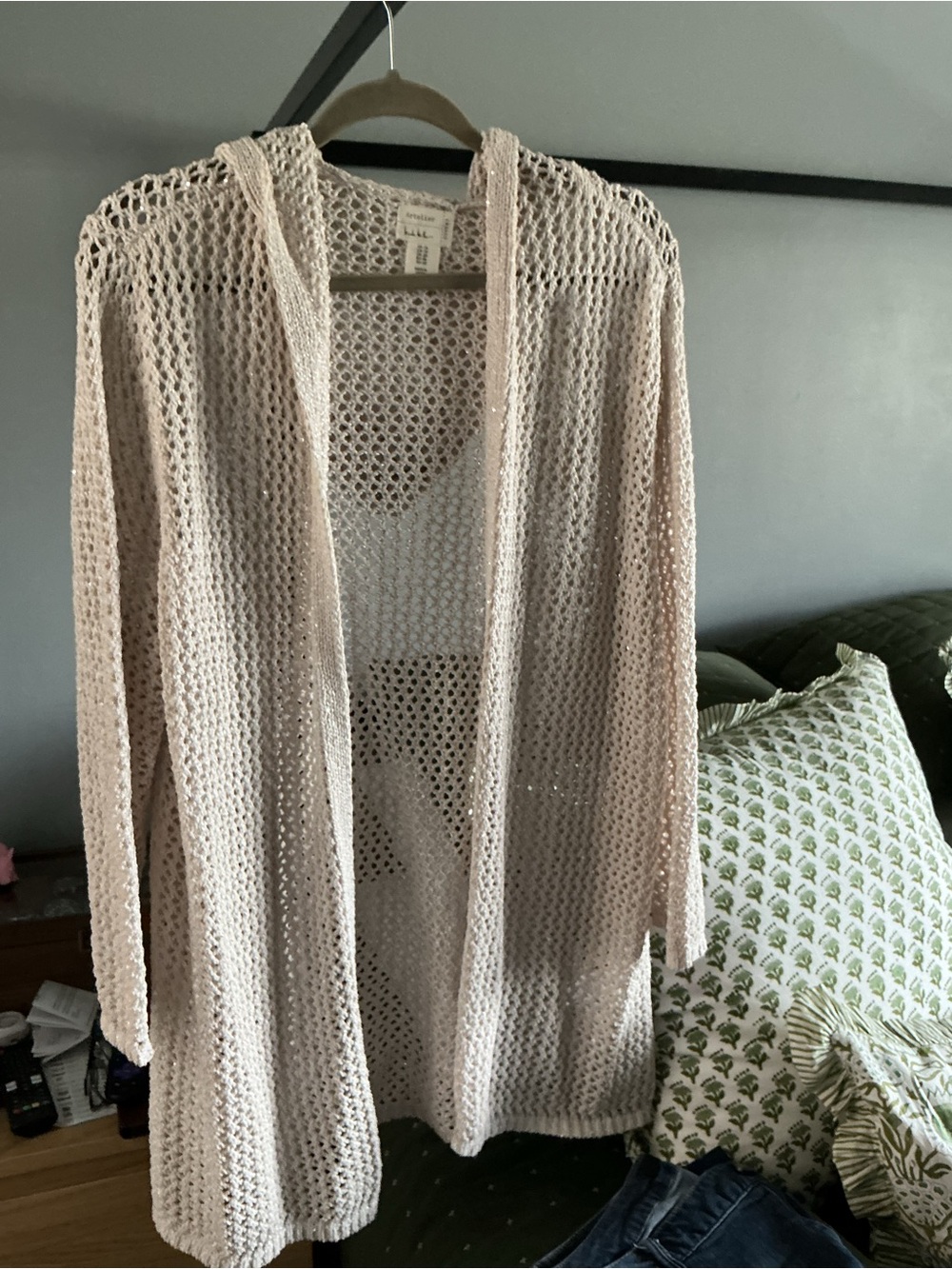 Light Cream w/Sparkle Open-Knit Hooded Cardigan Sweater